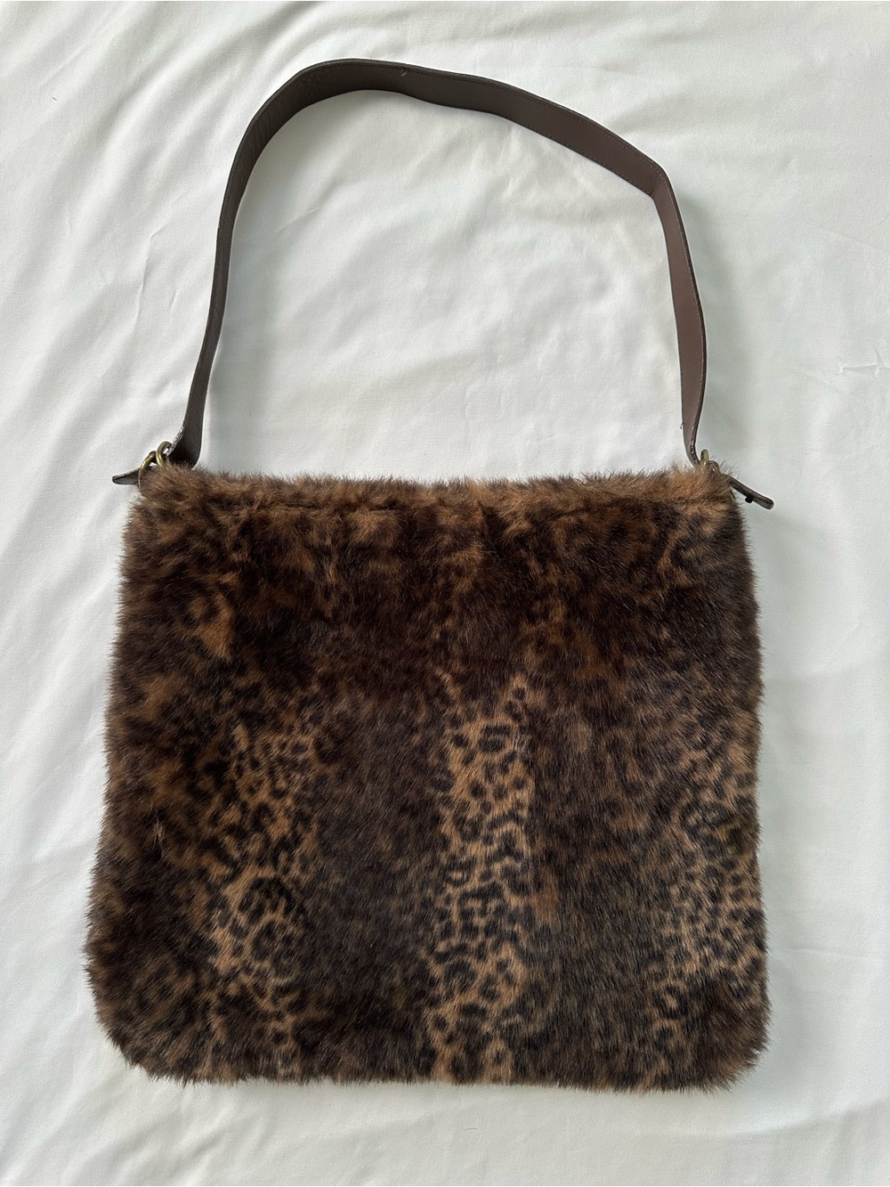 Indeed Faux Fur Leopard Print Shoulder Bag Brown with Card Holder Wallet Inside